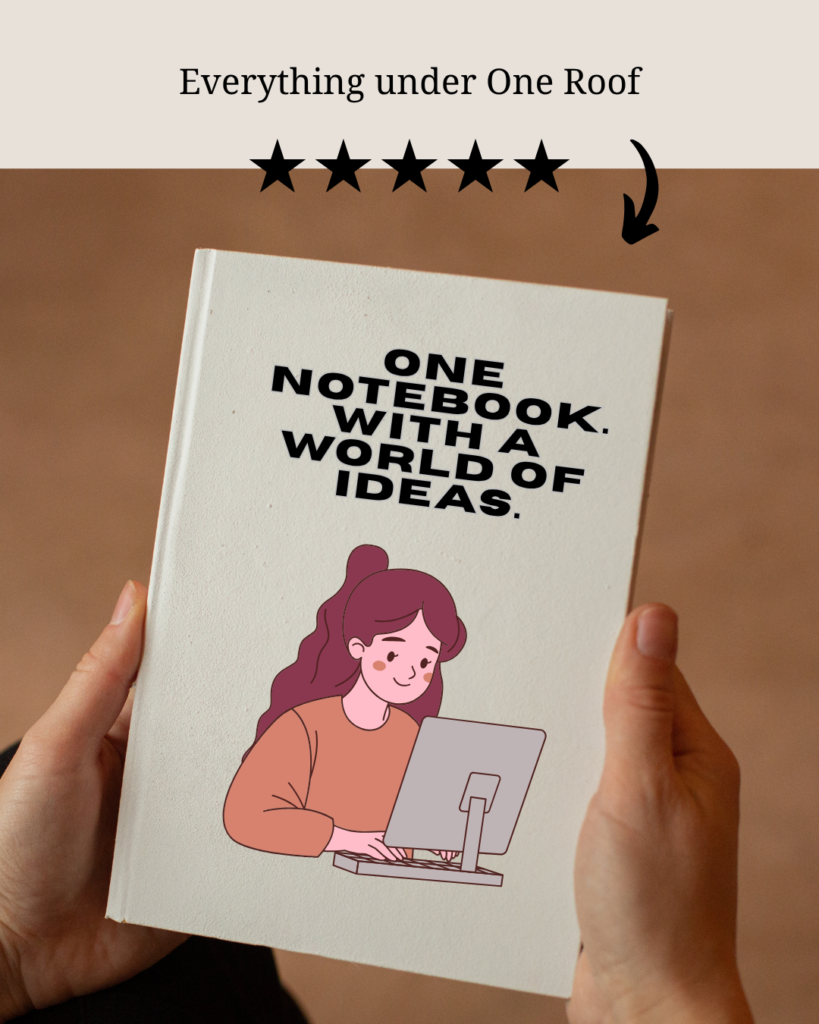 Illustration of a woman working on a laptop on a notebook titled ‘One Notebook. With a World of Ideas.’