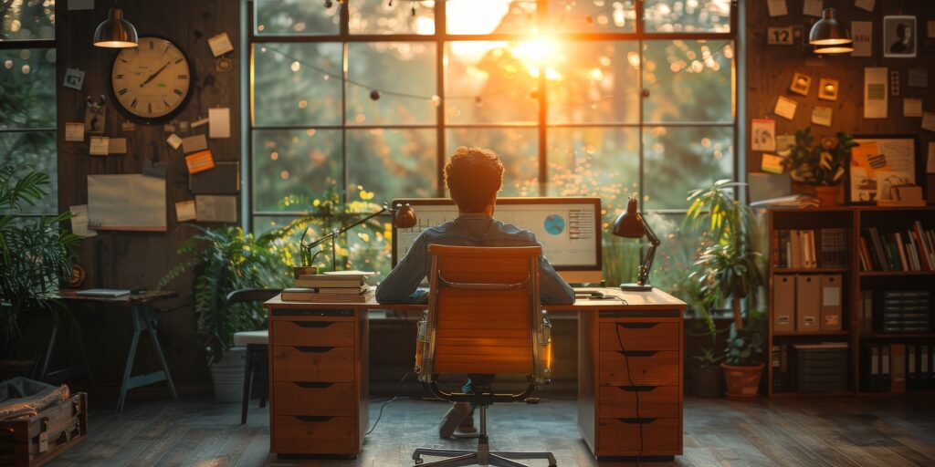 Man seated at a desk in front of a computer screen inside a room and trying to start a career as a freelancer.